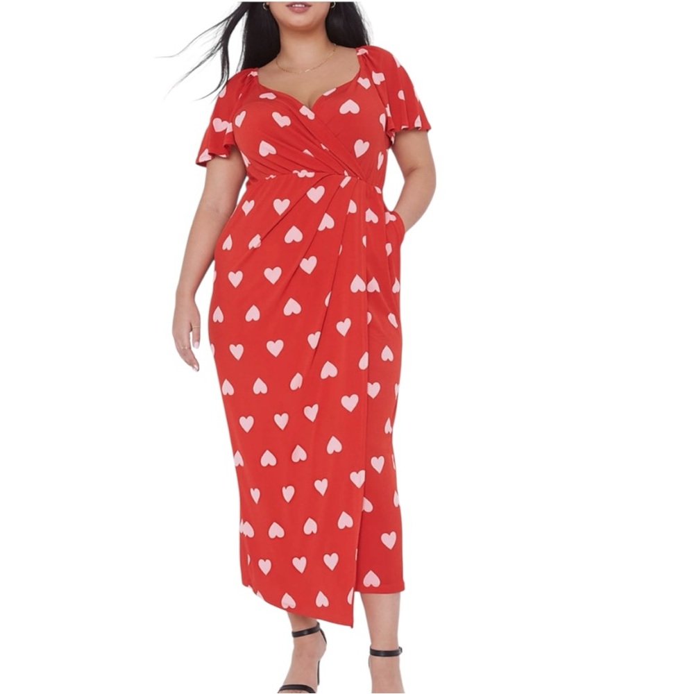 LANE BRYANT WOMEN'S RED PINK HEART FLUTTER SLEEVE FAUX-WRAP MAXI MID DRESS PLUS - Picture 5 of 12